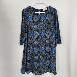 Everly S Shift Dress Womens Navy Blue Geometric Floral Medallion 3/4 Sleeve Mini